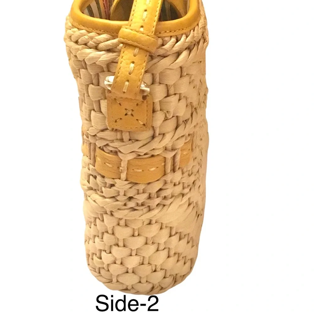 Brighton Carmella Straw Crossbody Yellow Leather Trim Medium Bucket Shoulder Bag